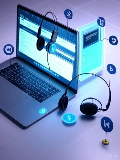 A laptop with two headsets and glowing blue wireless icons floating around it.