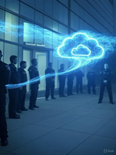 Security guards stand in formation as a neon blue cloud links them to the network.