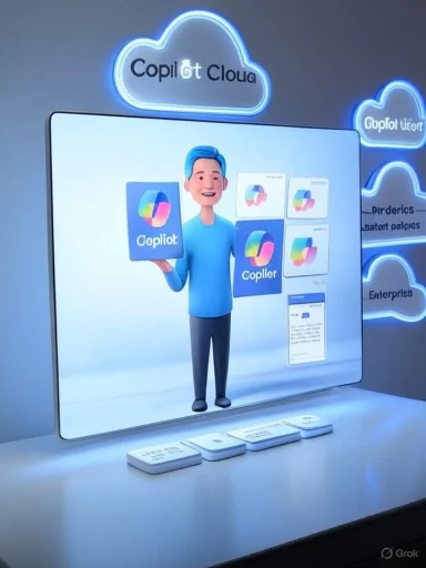 Promotional display for Copilot Cloud with a 3D mascot and app icons.