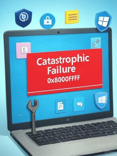 A laptop displays a red 'Catastrophic Failure 0x8000FFFF' error with a wrench and security icons around.