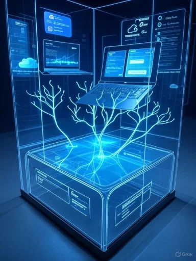 A blue holographic display featuring a laptop, screens, and a glowing tree-shaped neural network.