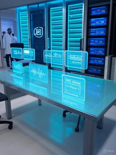 A futuristic lab with cyan holographic screens atop a glass table beside server racks.