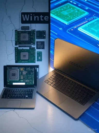 Two laptops flank a display wall of circuit boards and chips in a tech exhibit.