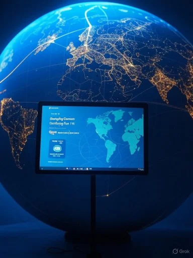 Glowing globe lit with city lights behind a screen showing a blue world map.