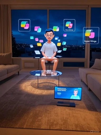 A 3D avatar sits on a stool in a living room at night, surrounded by colorful floating app icons.