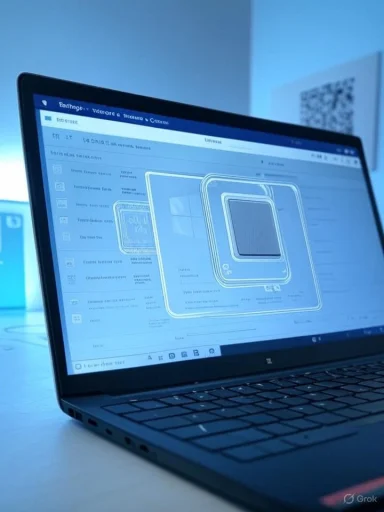 Blue-lit laptop screen shows a layered chip design schematic.