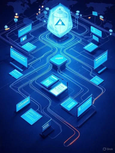 A blue-lit futuristic network of screens converges on a glowing shield centerpiece, symbolizing cybersecurity.