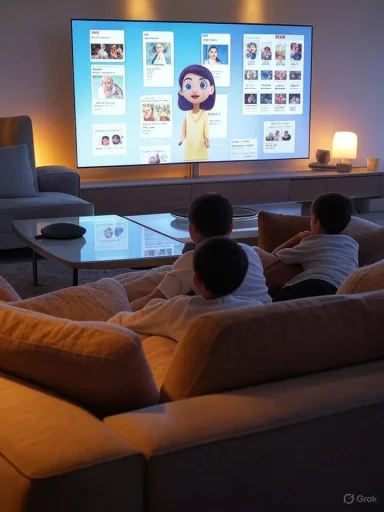 Three kids sit on a couch watching a large TV displaying a 3D cartoon character.