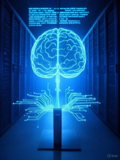 Blue neon holographic brain with circuitry extending from a pedestal in a data center.