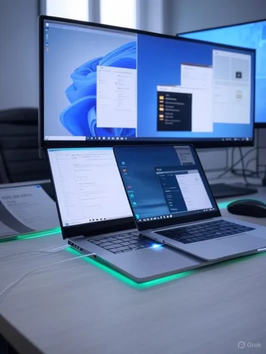 A multi-screen workstation with two laptops and a large monitor on a desk with green LED edge lighting.