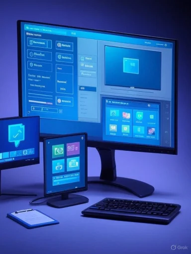 Blue-lit desk setup with a large monitor and multiple devices displaying a unified UI.