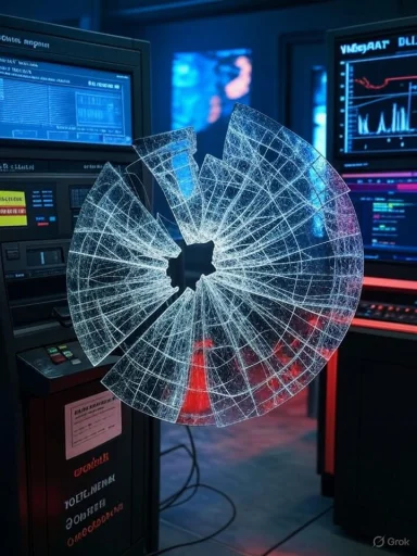 A cracked circular glass disk floats in a high-tech control room surrounded by monitors.