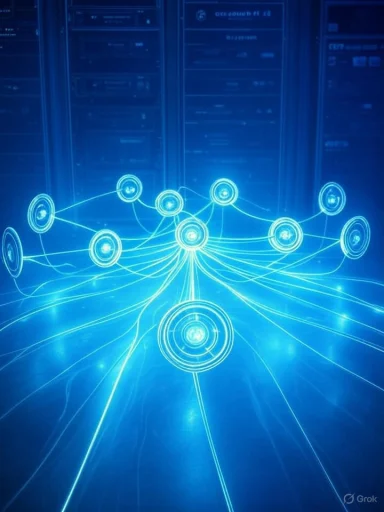 A blue holographic network of glowing nodes is linked by bright lines.