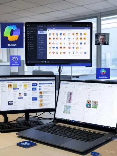 Open-plan office with a laptop and two large monitors displaying dashboards; a side screen shows a video call.