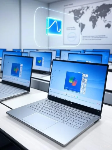 A classroom full of laptops displaying graphs, with a floating holographic icon above.