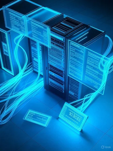 Futuristic data center with glowing blue servers and holographic data panels.