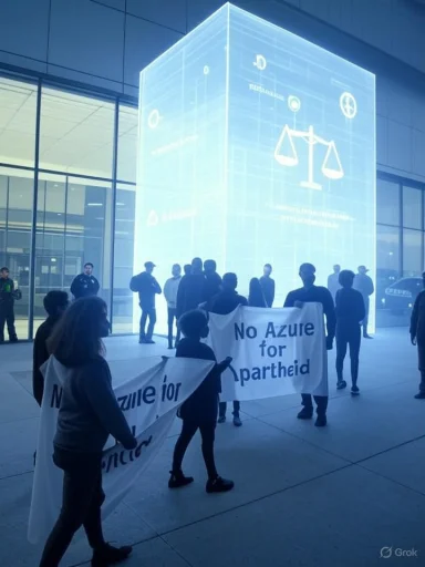 Protesters hold banners reading 'No Azure for apartheid' before a glowing blue cube.