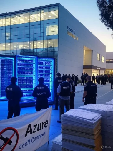 Police officers stand guard beside blue-lit server racks outside a modern corporate building.
