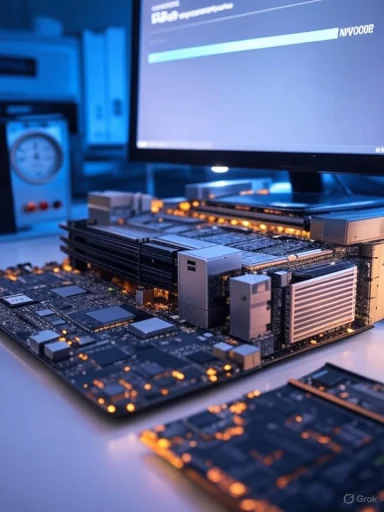 Close-up of a computer motherboard with orange LEDs, blue-lit monitor in the background.