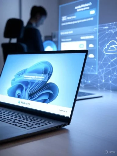 A laptop on a desk shows a blue abstract wallpaper, with a blurred person and digital screens in the background.