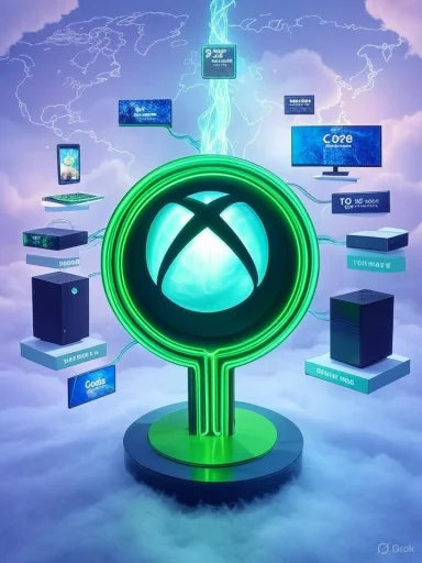 A glowing Xbox logo centerpiece with floating devices forming a cloud-connected network.