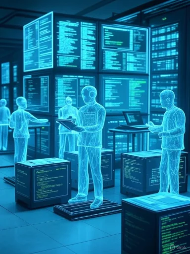 Blue-lit data center where holographic figures review code on large screens.