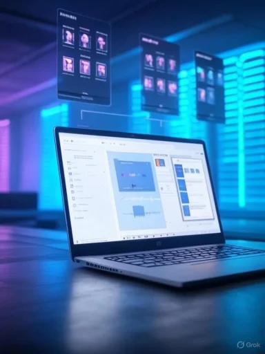 A futuristic workstation with a laptop and floating holographic data panels in a blue-lit server room.