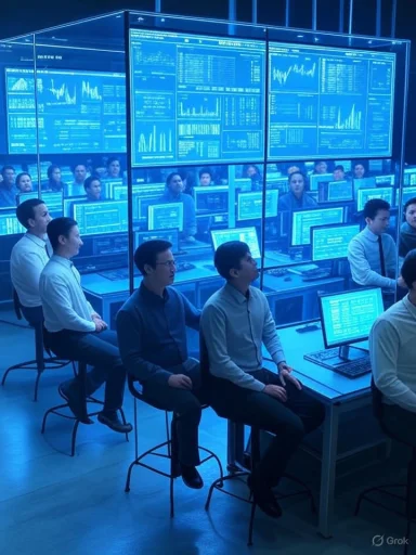 Blue-lit control room with analysts at desks, monitoring wall-sized data screens.