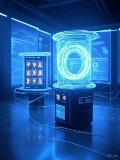 Glowing blue holographic coil in a futuristic high-tech lab.