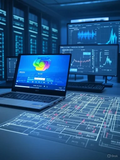Tech workspace with a laptop and multiple screens displaying charts over a blueprint-style desk layout.