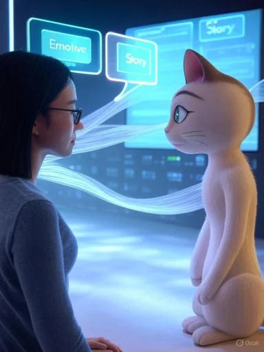 A person chats with a life-sized, cat-like humanoid robot in a futuristic glowing control room.