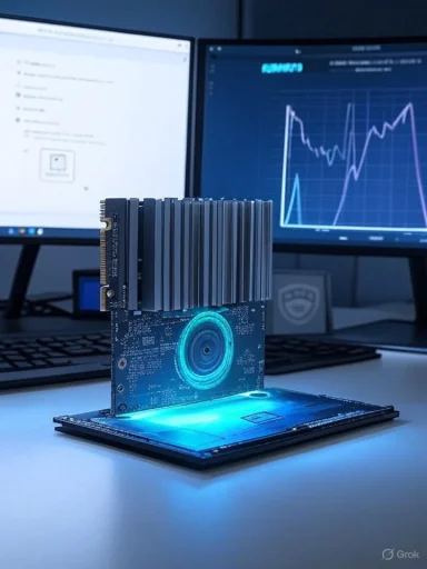 A small circuit board with a tall heatsink sits atop a glowing blue drive, in front of monitors displaying graphs.