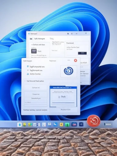 Windows desktop with overlapping windows on a blue abstract wallpaper.