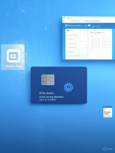 Blue tech UI collage with floating cards, a chip-and-gear card, and a small windowed interface.