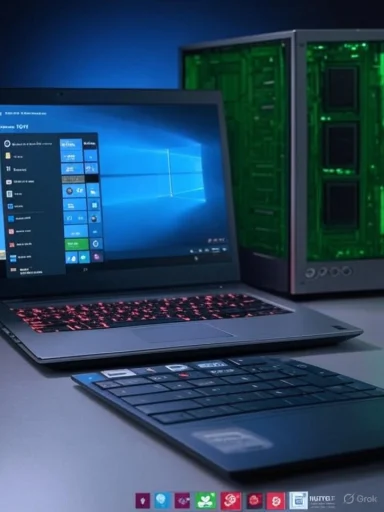 Windows laptop with a red-backlit keyboard sits beside a green-lit desktop tower.