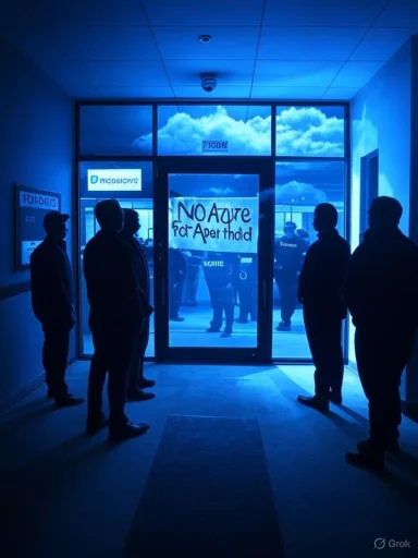 Silhouetted people stand in a blue-lit hallway, looking toward a glass exit door with a sign.