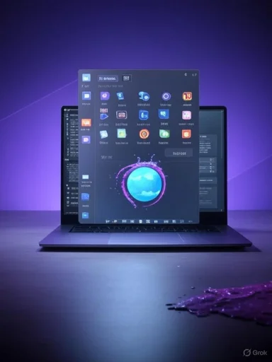 A laptop glows with a neon purple app grid as purple liquid spills on the desk.