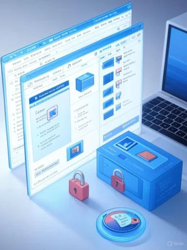 Blue cybersecurity illustration featuring multiple computer screens, a locked box, padlocks, and a disc.