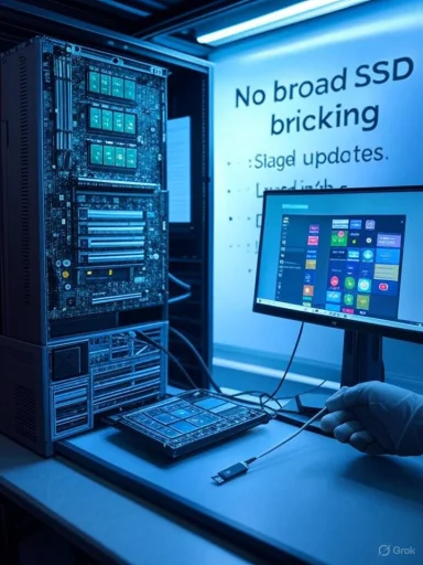 A technician tests an SSD in a server rack under blue lighting, with Windows on the monitor.