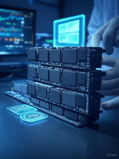 A lab technician installs stacked RAM modules on a motherboard in a high-tech lab.