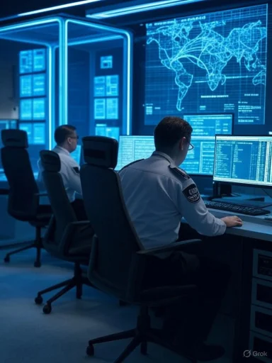 Security analysts in a blue-lit command center monitor global networks on multiple screens.