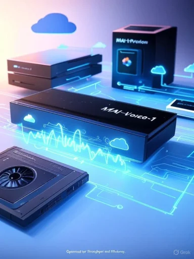 Futuristic cloud-connected AI accelerator modules glowing with neon blue circuitry.