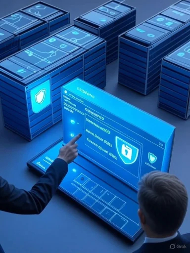 A glowing blue security dashboard is projected as a person points at it among stacked server racks. A glowing blue security dashboard is projected as a person points at it among stacked server racks.