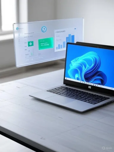 A silver laptop sits on a white desk beside a transparent floating dashboard displaying charts. A silver laptop sits on a white desk beside a transparent floating dashboard displaying charts.