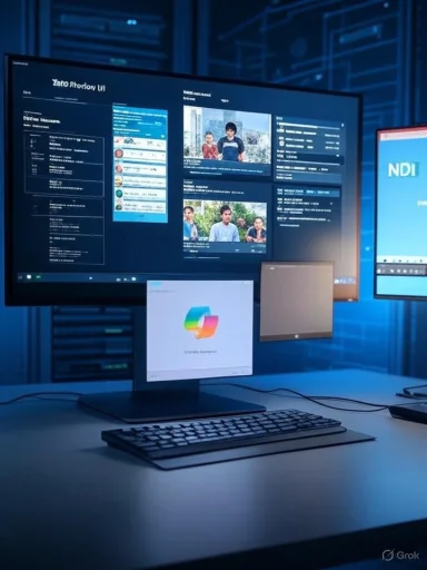 A high-tech workstation with a large monitor displaying a dark dashboard UI and floating screens.