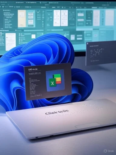An elegant laptop on display with an Excel card, set against a blue spiral sculpture.