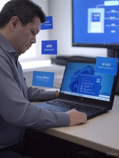 A man sits at a desk using a laptop as blue floating info cards hover around.