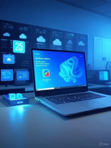 A laptop sits on a blue-lit desk in a futuristic room filled with holographic screens.