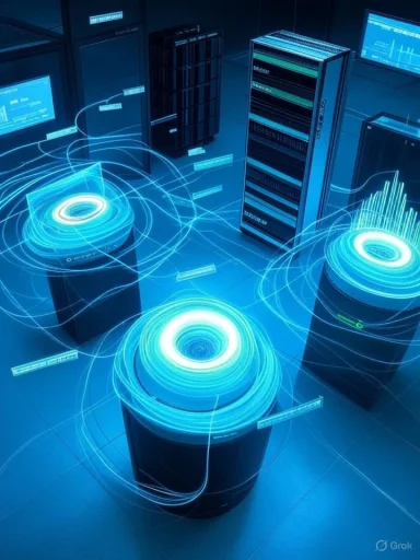 Futuristic data center with glowing blue rings around server racks.
