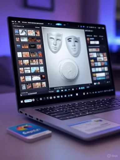 Laptop screen shows a 3D mask design editor with a thumbnail gallery and a memory card nearby.